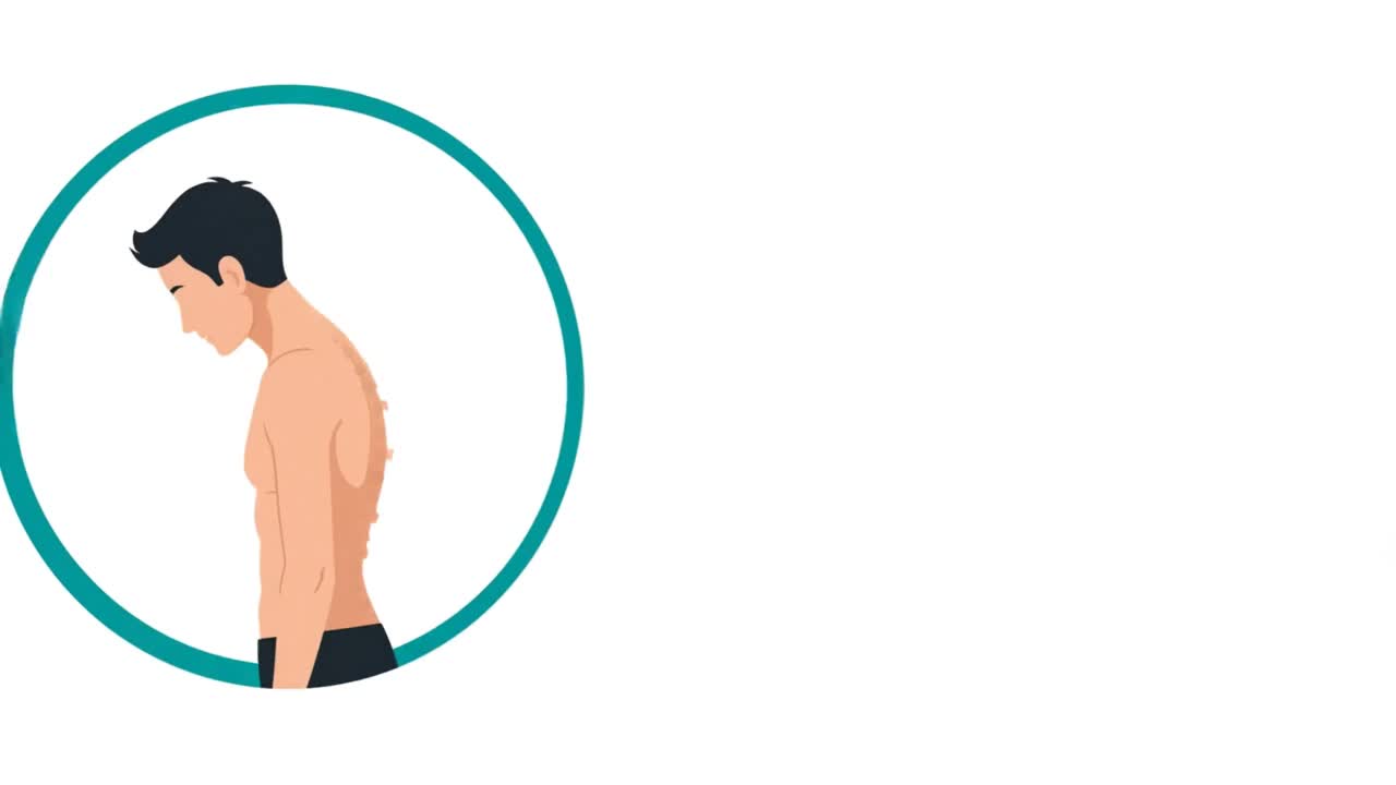 Illustration of a person seen from the side with slouched posture: head dropped forward, shoulders rounded, upper back hunched.